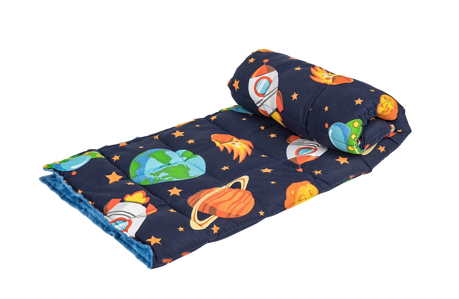 Galaxy Pattern Weighted Blanket with blue minky backing