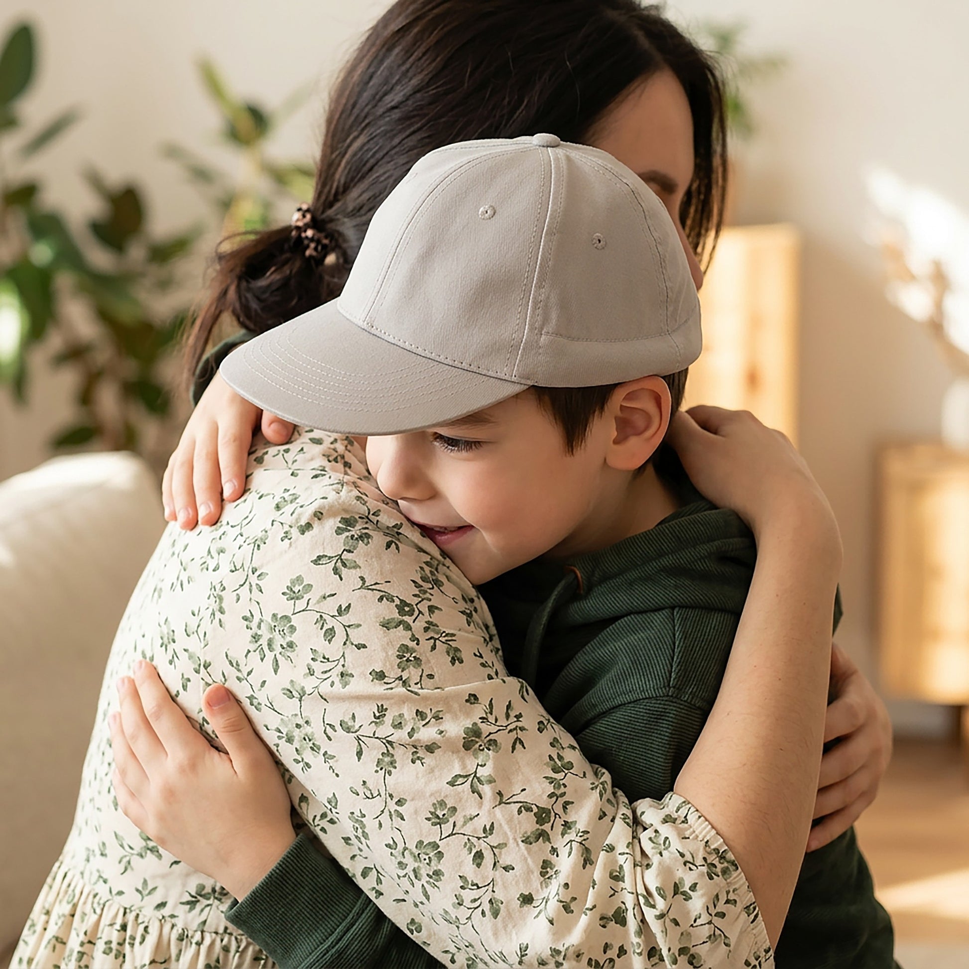 A young boy wearing a light grey Calm Cap hugs a woman in a cozy indoor setting. The woman is wearing a cream floral long-sleeve top, and the boy is in a dark green hoodie.